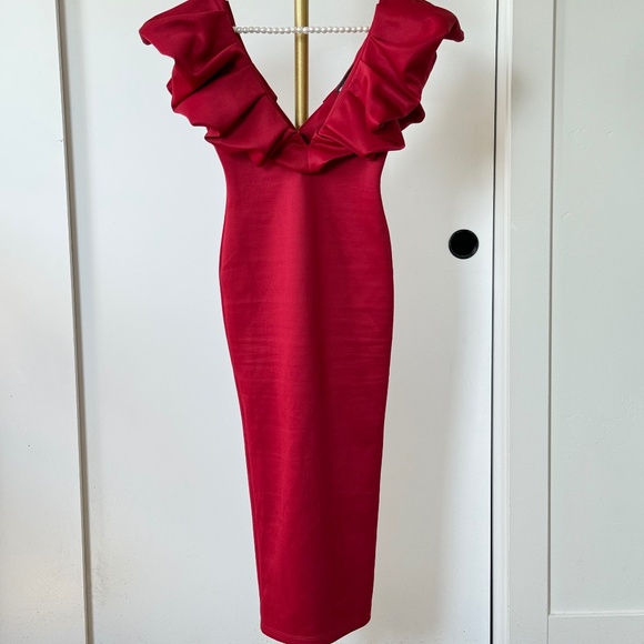 ASOS Design Red Ruffle Bodycon Midi Dress - Picture 1 of 10